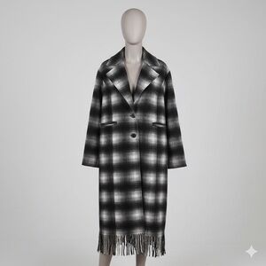 INDUSTRY Black & White Plaid Fringe Hem Longline Coat - Medium